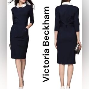 Victoria Beckham Navy Quarter Sleeve Sheath Dress With White Collar
